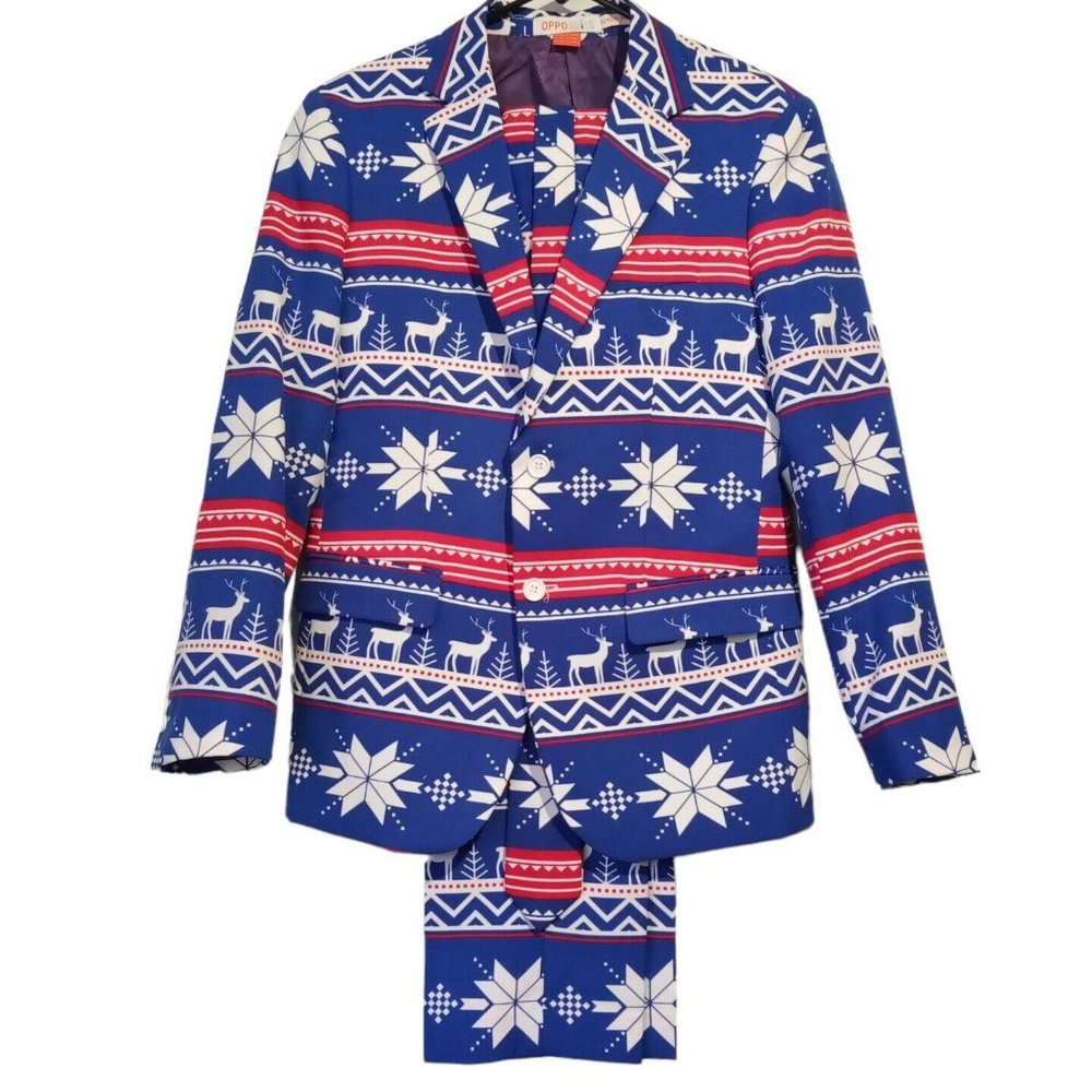 OppoSuits Blue Rudolf Christmas 3 Pc Suit Men's sz 36  Jacket/Pants/Tie   EXC